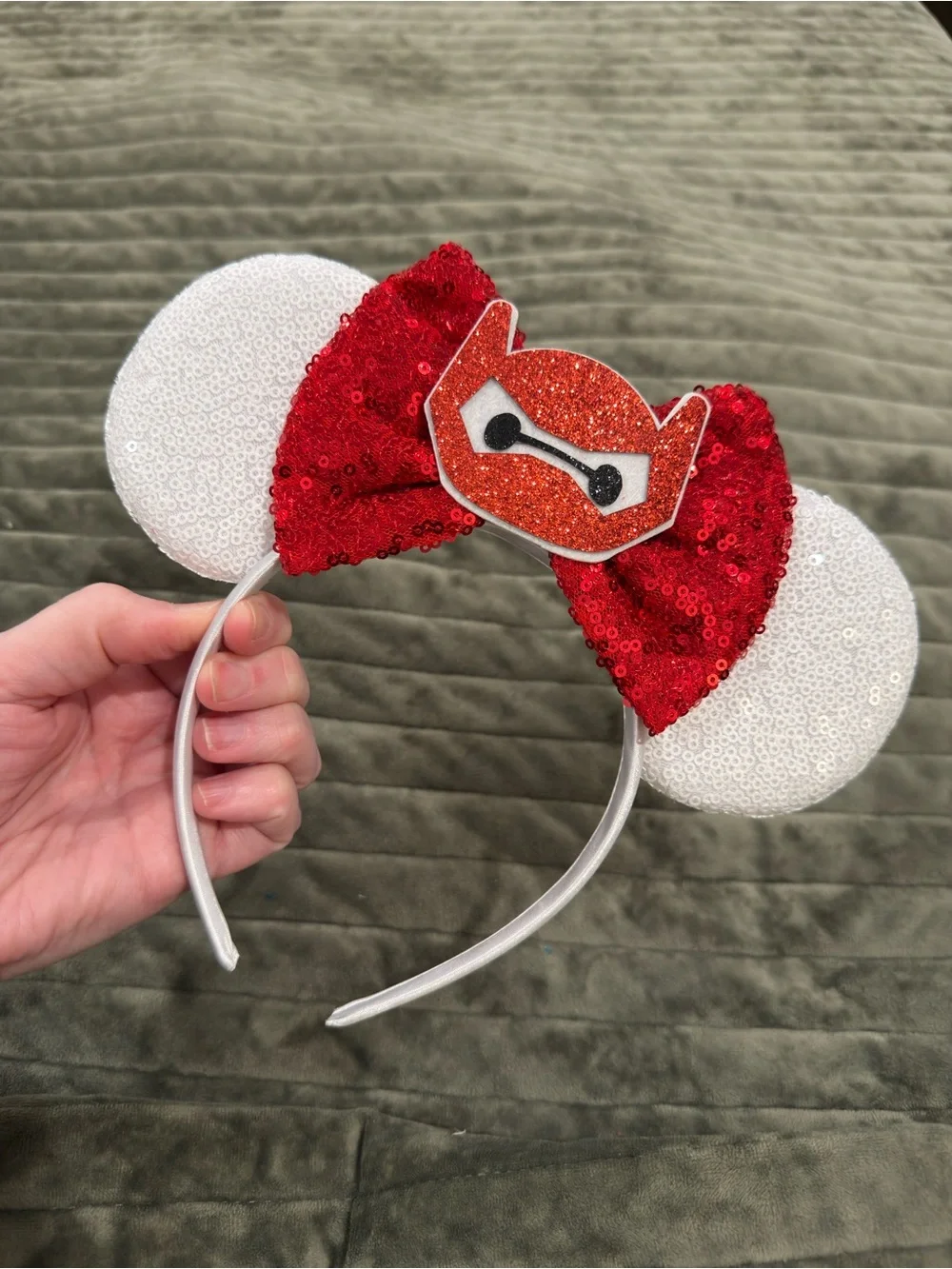 Sparkling Baymax Big Hero 6 Red Bow Mouse Ears Headband with White Sequin Ears